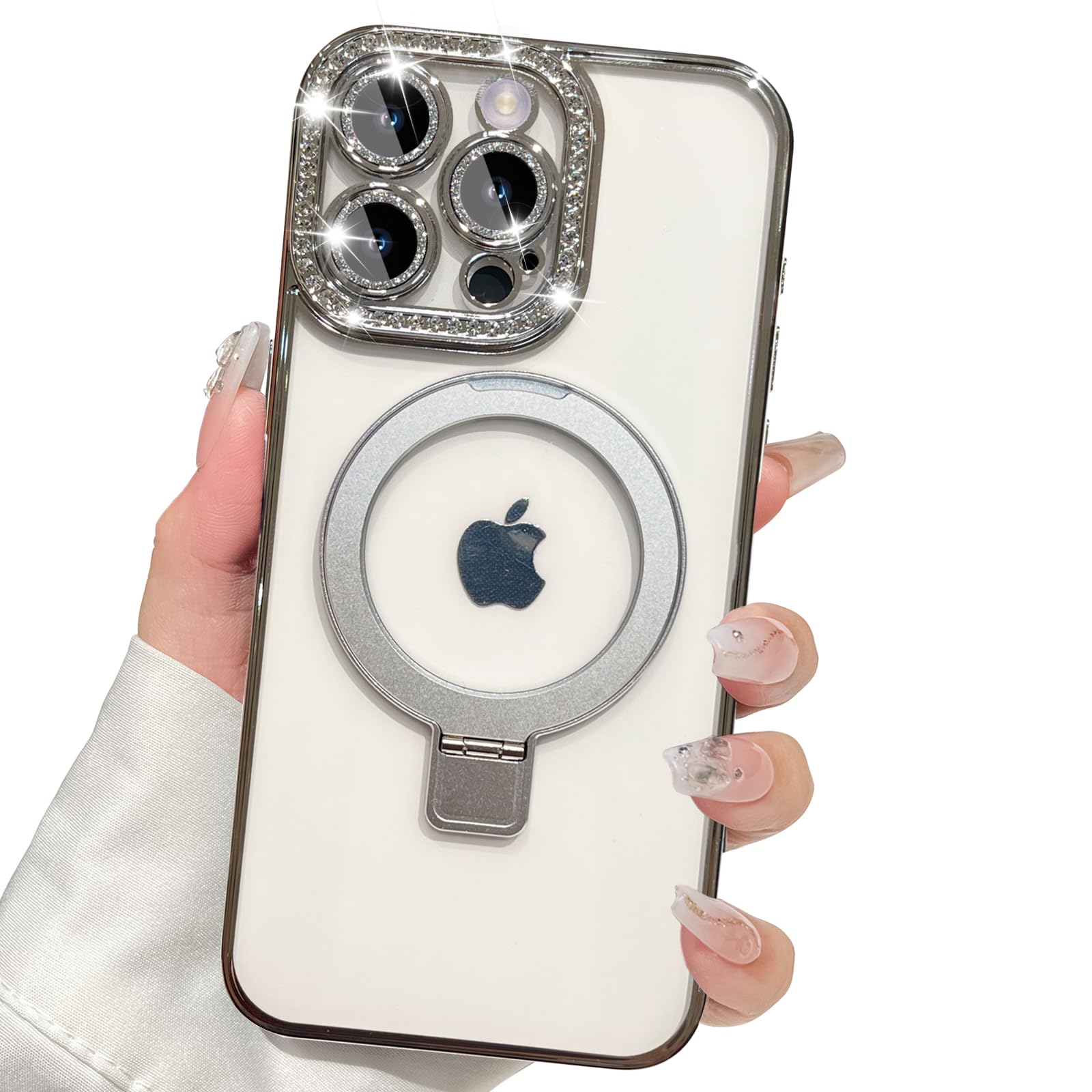 VCGFJD Diamond Case for iPhone 15 Pro Max Case with Stand, Magnetic Luxury Plated Diamond Frame, [Aluminium Alloy Stand] Slim and Soft with Camera Lens Protector Design for Women/Girls, Silver