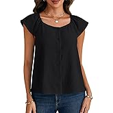 Rooscier Women's Button Down Ruffle Short Sleeve Scoop Neck Flare Basic Casual Blouse Top