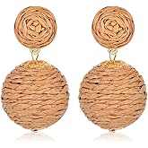 Statement Raffia Earrings, Boho Handmade Straw Rattan Drop Earrings, Geometric Raffia Lantern Dangle Earrings for Women Summer Beach Jewelry