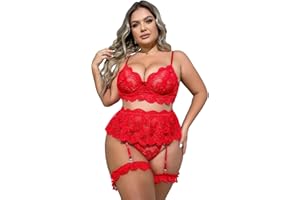 SOLY HUX Women's Plus Size Floral Lace Scallop Underwire Garter Push Up Bra and Panty Lingerie Set