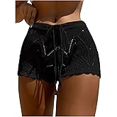 RoseSeek Women's Drawstring Waist Crochet Cover Up Shorts Tie Front Hollow Out Bottom