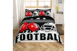 FEELYOU Football Duvet Cover Sports Bedding Set Soccer Ball Black White Red Comforter Cover for Boys Girls Children Teens Bedroom Decor 3D America Football Bedspread Cover Queen Size With 2 Pillow Case