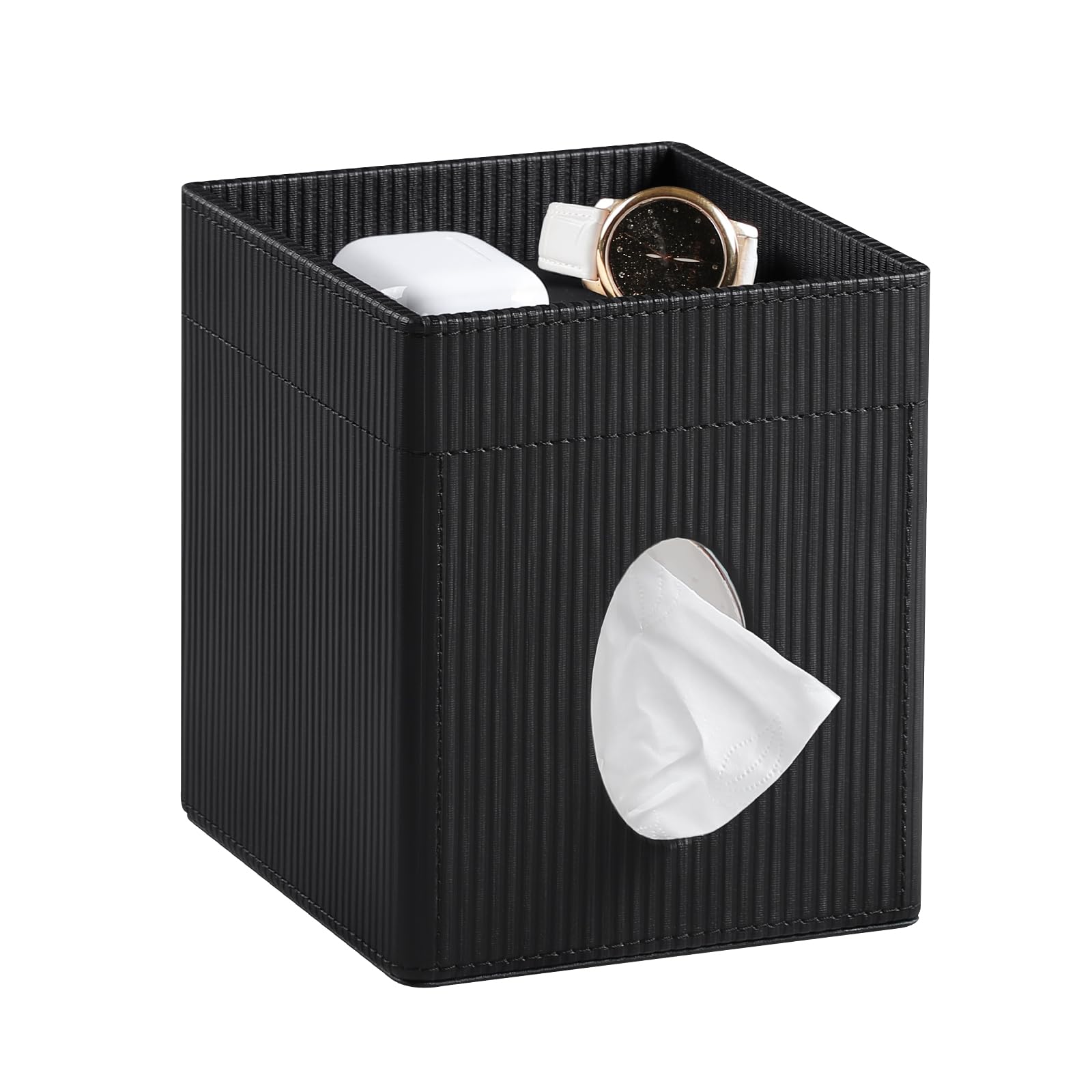 Photo 1 of NICLNGSH Square Tissue Box Cover with Tray, PU Leather Tissue Box Holder Decorative Cube Tissue Holder for Bathroom Bedroom Office (Black)