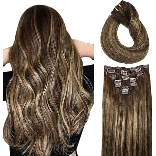 Doores 14 Inch Remy Human Hair Extensions Clip in Ombre Chocolate Brown to Light Blonde Real Clip in Hair Extensions Straight 120g 7pcs