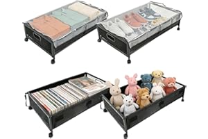 NBYTLT 4 Pack Under Bed Storage with Wheels, 30"×16.5"×7.2" (57L) Foldable Metal Under Bed Shoe Storage with Clear PVC Lids, 