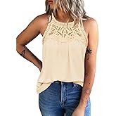 FARORO Lace Crochet Halter Blouse for Women Boho Sleeveless Tank Tops Summer Casual Loose Fit Shirts Cami Tee Lace Hollow Out Trendy Vest Clubwear Apricot
