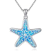 AXOMY Starfish Necklace 925 Sterling Silver Blue Opal Beach Necklace Starfish Jewelry Gifts for Women Ocean Lovers