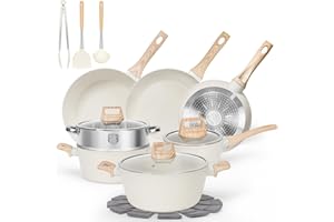 SODAY 17 Pcs Pots and Pans Set Non Stick, Kitchen Cookware Sets White Granite Nonstick Cooking Set with Frying Pans, Saucepans, Steamer Silicone Shovel Spoon & Tongs (PFOS, PFOA Free)