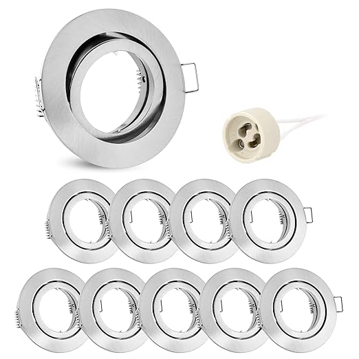 10x linovum® Einbaustrahler Set rund schwenkbar - 10 Stück Einbaurahmen in Alu gebürstet inkl. GU10 Fassung für LED, Halogen