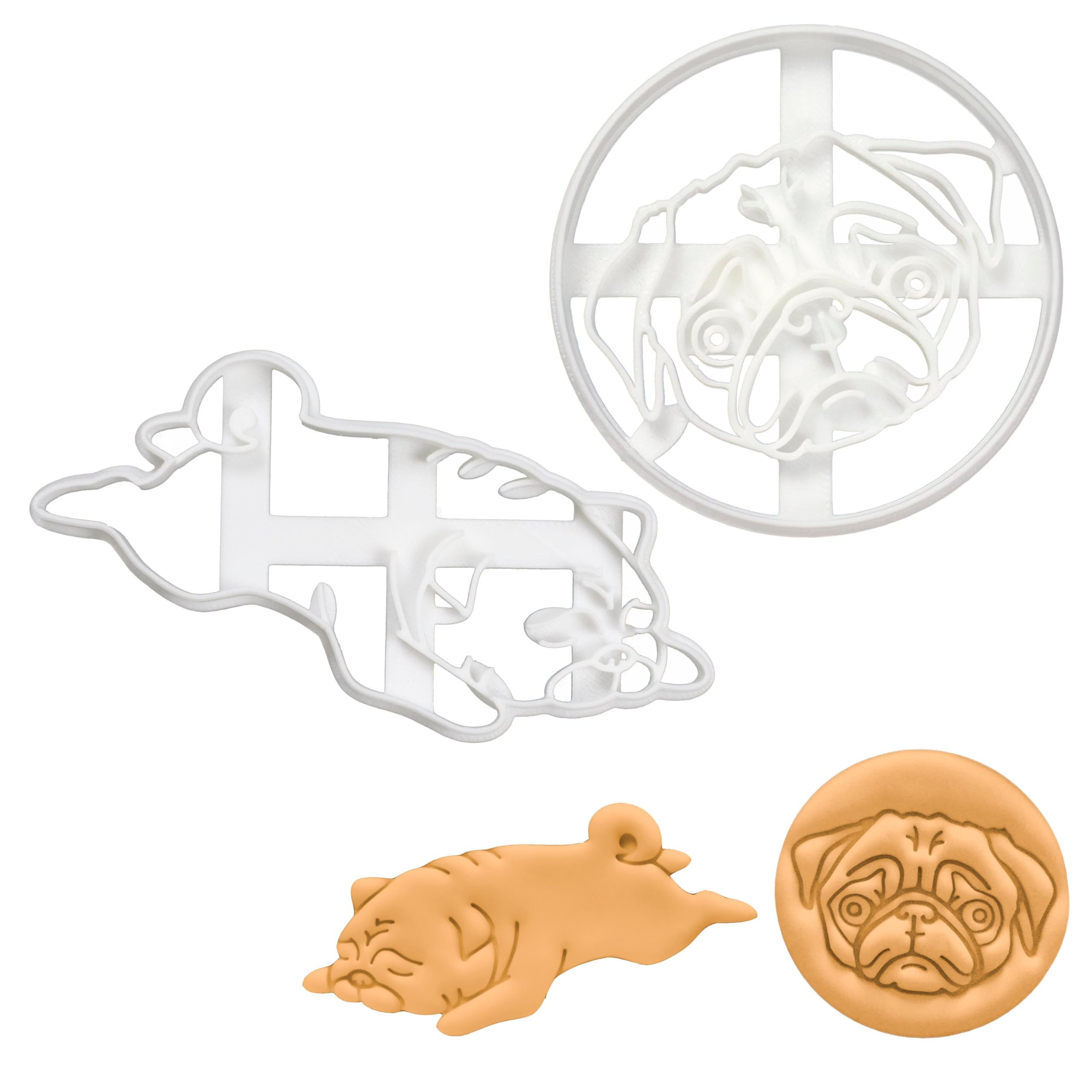 BAKERLOGY Set of 2 Pug Cookie Cutters (Designs: Pug Face and Sleepy Pug) - Detailed Biscuit Cutter Design for Baking and Crafts, Ideal on Fondant, Dough, Clay
