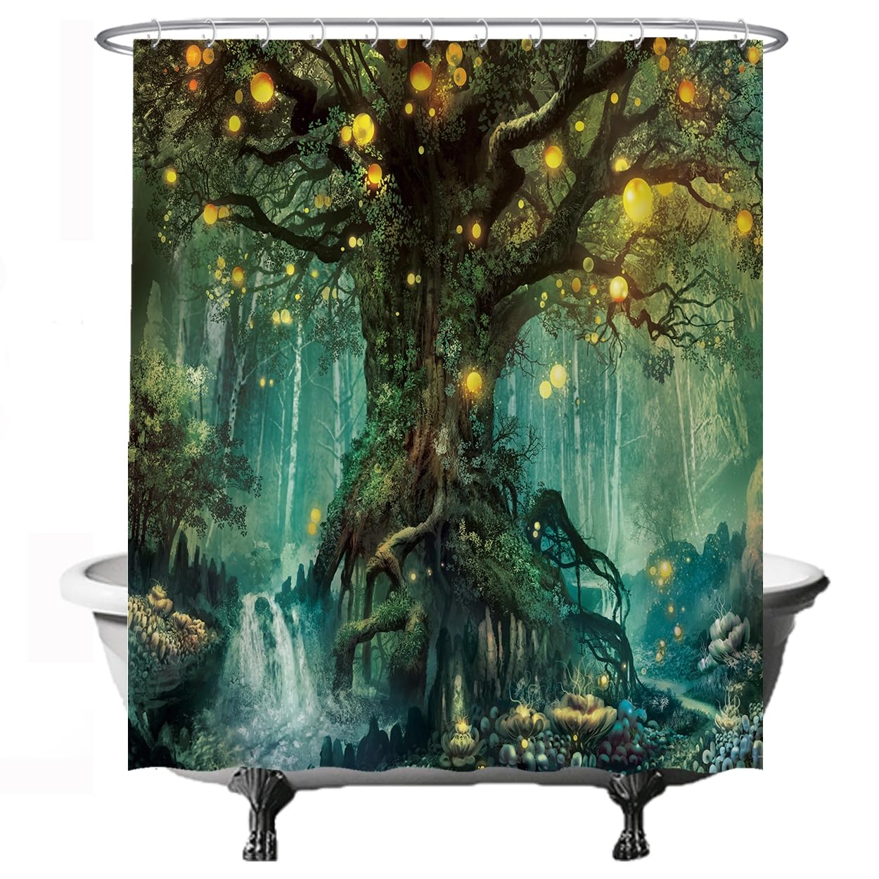 Ulticool Shower Curtain - Fairytale Elf Tree Magic Forest Nature - 180 x 200 cm – Washable – Waterproof – Anti-Mould – with 12 Rings – Green Yellow