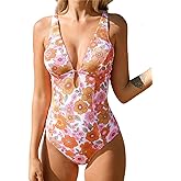 CUPSHE Women's One Piece Swimsuit Deep V Neck Keyhole Cutout O Ring Textured Bathing Suit