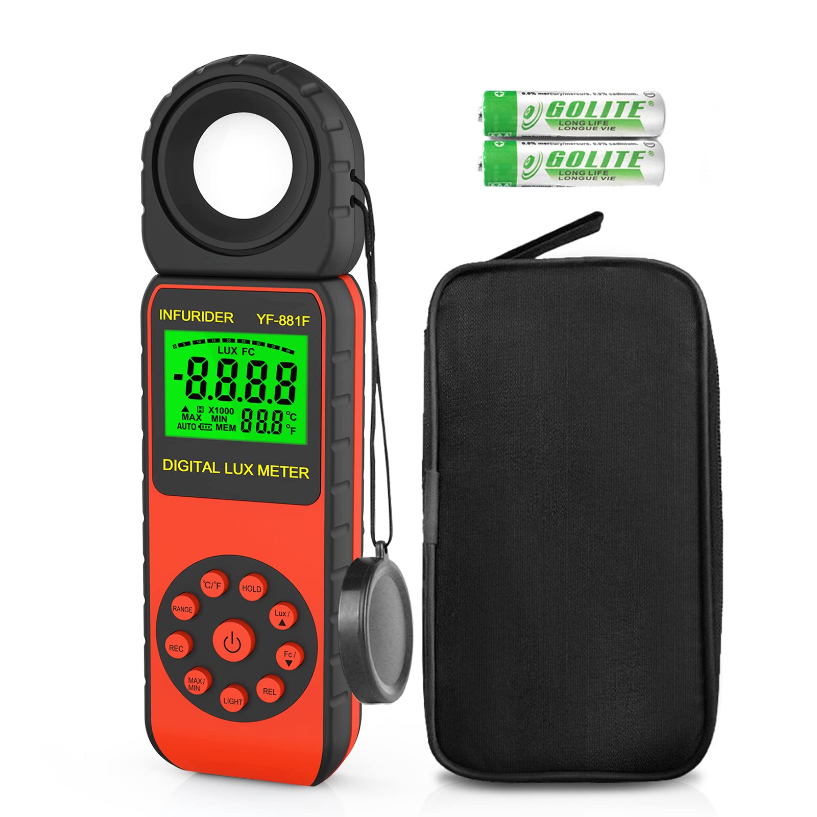 Digital Light Meter, YF-881F Lux Meter, Range Up to 400,000 Lux with 270º Rotated Sensor, Foot Candles Meter, Exposure Meter Photography