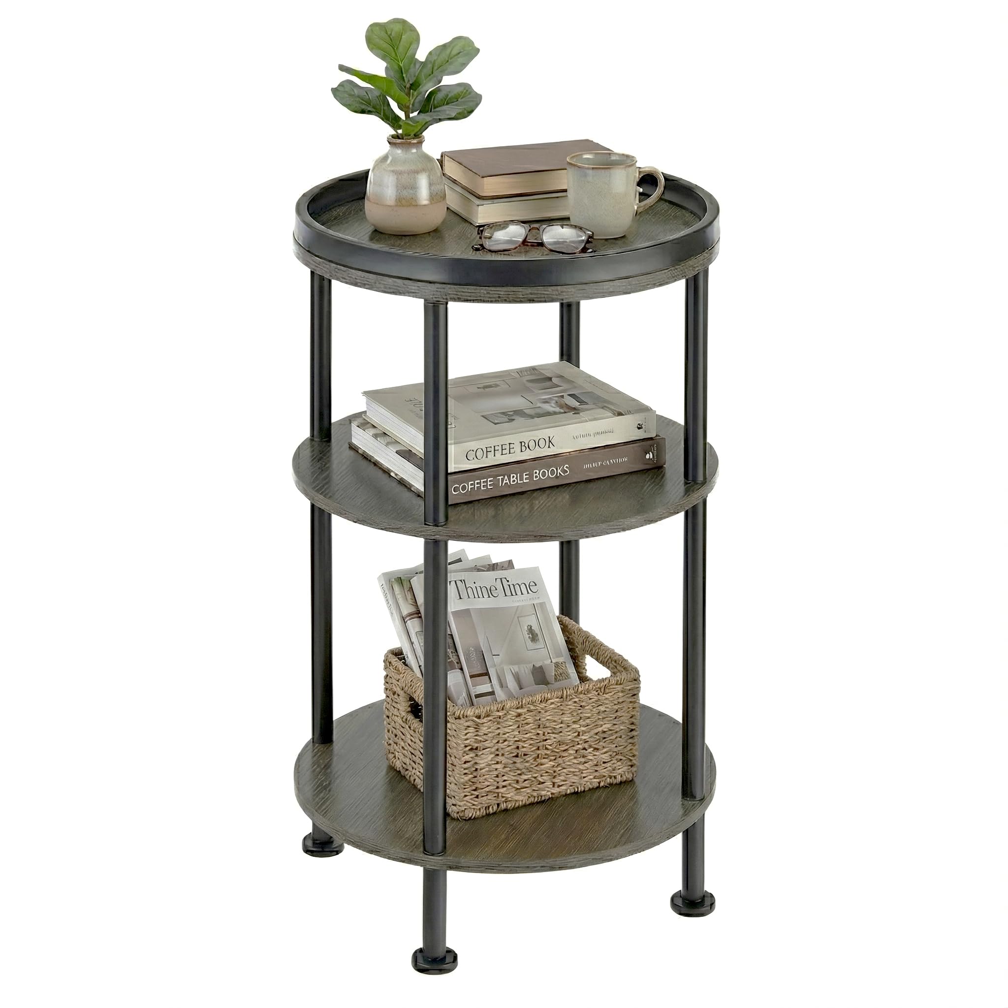 YEAKOO Nordic End Table, 3-Tier 30cm Round Side Table with Storage Shelf Edge Protection Tray, Sturdy Metal Frame Coffee Table Bedside Table for Living Room Bedroom Small Spaces/Grey