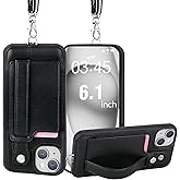 TOOVREN Wallet Case for iPhone 15 Case with Card Holder Lanyard Leather Phone Cover Fits iPhone 15 Wallet Case with Strap Stand for Women & Men 6.1 Inch Black