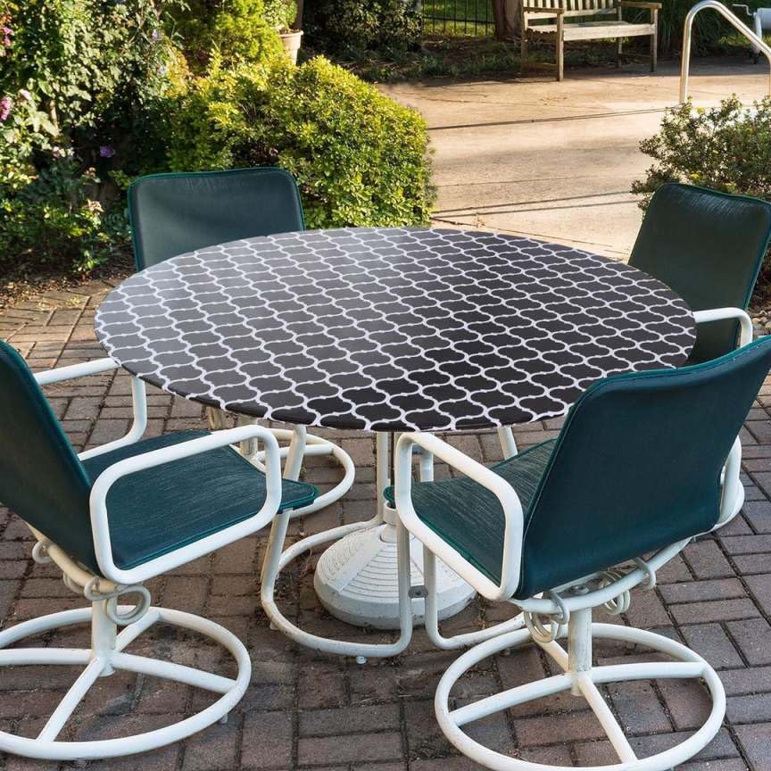 GRISHA Waterproof Round Tablecloth,Elastic Edged Fitted,Oilcloth,PVC,Wipeable,Outdoor circular plastic cover. (Black Stripe, 114x142cm)