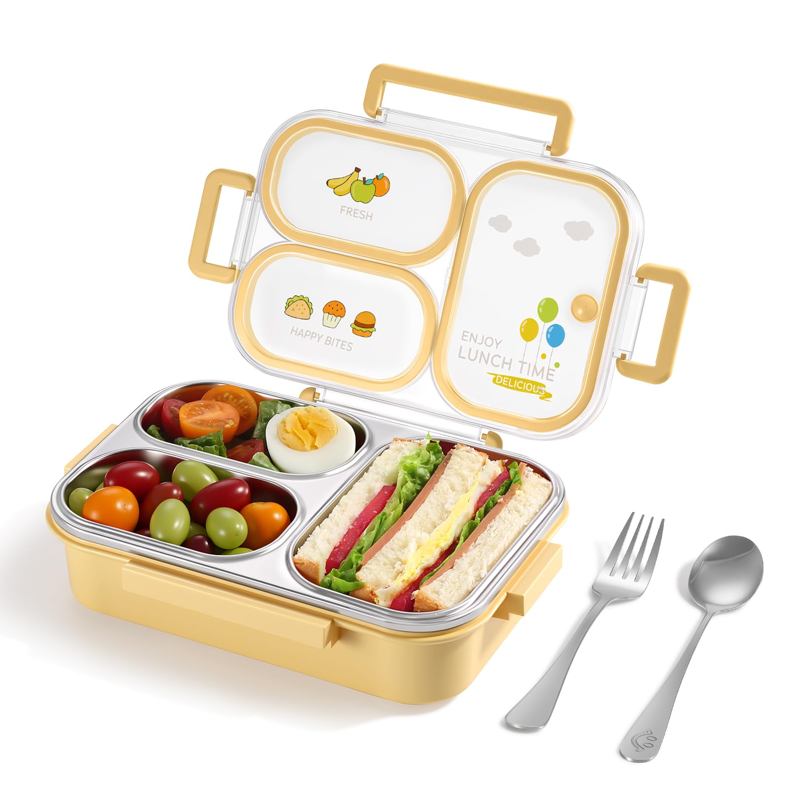 Photo 1 of **SNAP TO FASTEN BOX CLOSED DAMAGED (BROKEN)** NUKied Stainless Steel Lunch Box for Kids & Adults, 3-Compartment Leak Proof Metal Bento Lunch Box with Fork & Spoon, 26.4 oz Airtight Food Storage Snack Container for School, Work, Travel (Yellow)