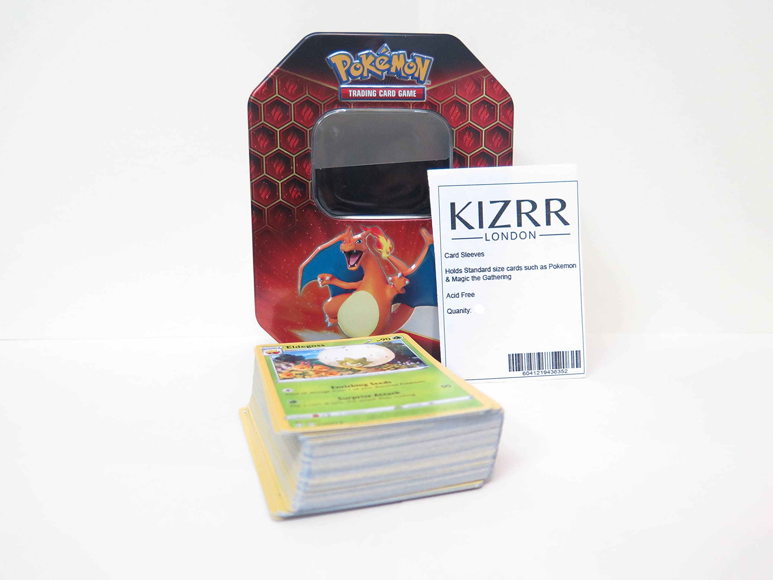 Kizrr 100 Sleeves With For Pokemon Tin with 50 Pokemon Cards! Includes Holos/Rares/Uncommon/Common Character Cards! Mystery Pack Bundle