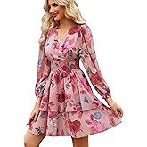 VIDUSSA Women's Floral Print V-Neck Mini Dress Chiffon Long Sleeve Ruffle Layer Skater Swing Flowy Wrap Smocked Short Dresses