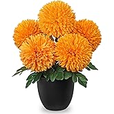 Briful Orange Artificial Mums – Realistic Silk Fall Chrysanthemums in Black Pot, Faux Potted Flowers for Home, Table Centerpiece, Porch, Indoor & Outdoor Autumn Décor