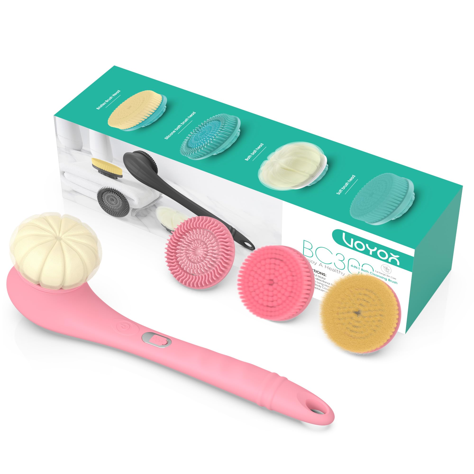 VOYOR Electric Body Scrubber - Two-Way Rotating Brush Head, 4 Accessories, IPX6 Waterproof, Rechargeable Cordless, Long Handle Bath Brush BC300 (Pink)