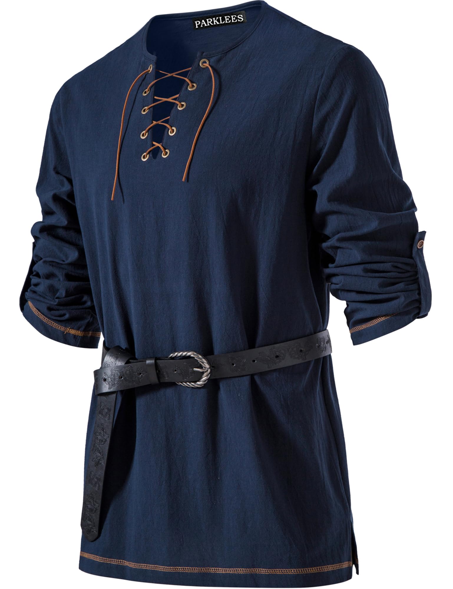 PARKLEES Men's Medieval Viking Pirate Costume Vintage Renaissance Halloween Shirts Navy Medium