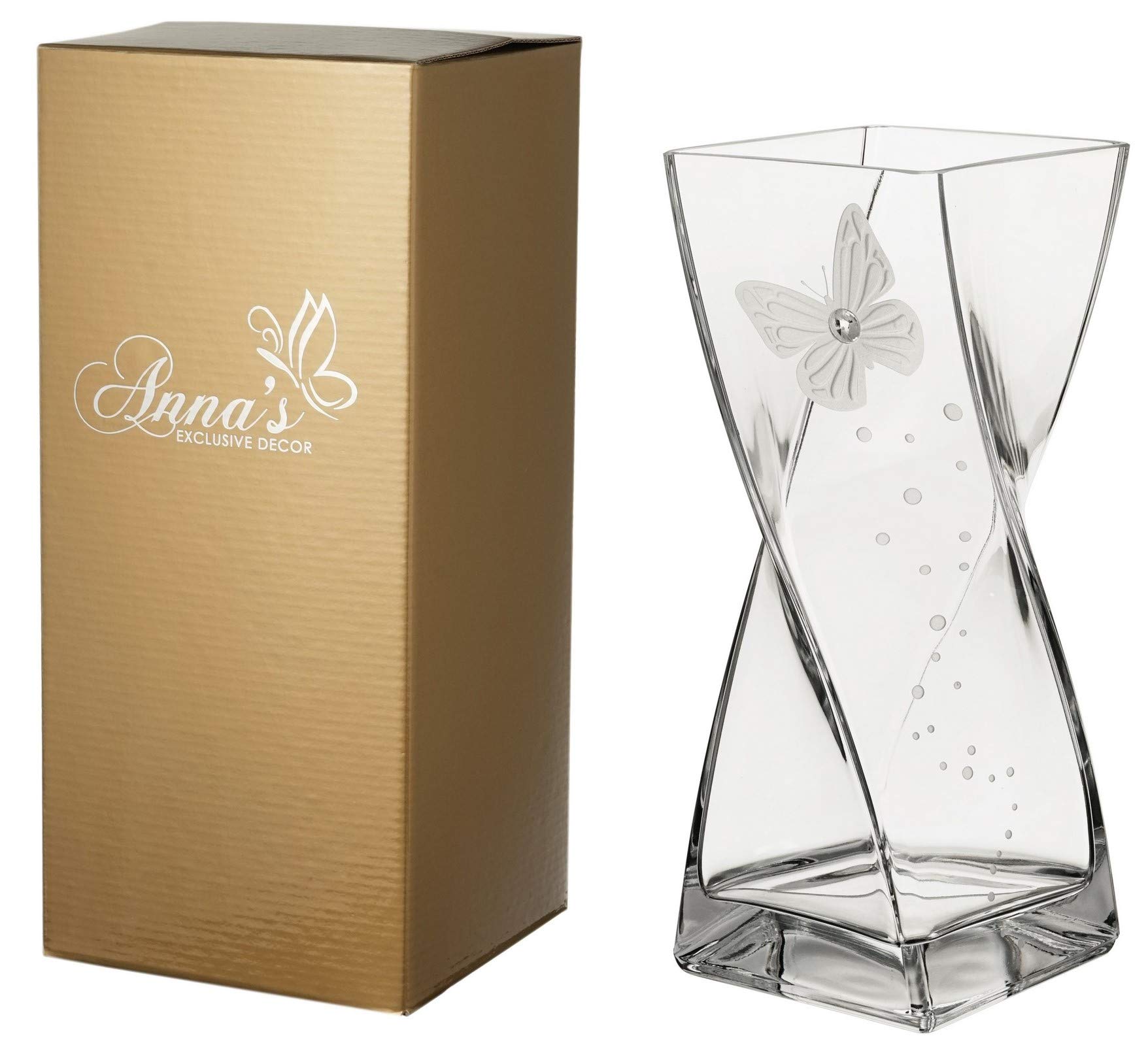 Butterfly Vase - Large Luxury Handmade Glass Vase - Decorated with Premium Crystal and Etched Butterfly – Luxury Gift Box – Clear Ornament 30 cm (11.8 in)