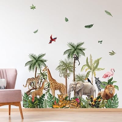 Wandtattoo Tiere des Regenwalds Wandsticker Dschungel Giraffe Elefant Löwe Tiger Blätter Wandbilder Groß Wandaufkleber Wanddeko Kinderzimmer Babyzimmer Schlafzimmer Aufkleber