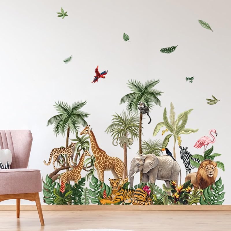 Wandtattoo Tiere des Regenwalds Wandsticker Dschungel Giraffe Elefant Löwe Tiger Blätter Wandbilder Groß Wandaufkleber Wanddeko Kinderzimmer Babyzimmer Schlafzimmer Aufkleber