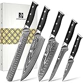 5-Piece Damascus Chef Knife Set: High Carbon Stainless Steel, Professional Ultra Sharp Kitchen Knife Set with Ergonomic Black Handle - Chef/Santoku/Paring/Bread/Brisket/Boning Knives in Gift Box