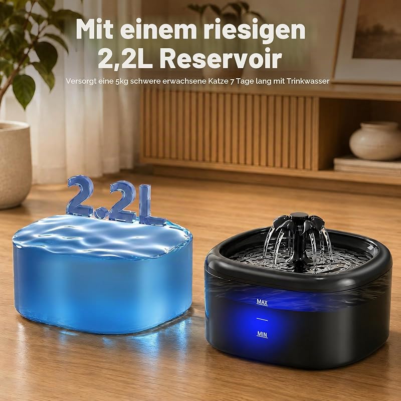 Katzenbrunnen Trinkbrunnen für Katzen und Hunde, 2.2L Automatischer Haustier Wasserbrunnen mit LED-Wasserstandsanzeige, Ultraleise Pumpe und Dreifach-Filtersystem, Bpa-Frei Katzen Tränke, Schwarz — Foto 2 von 8