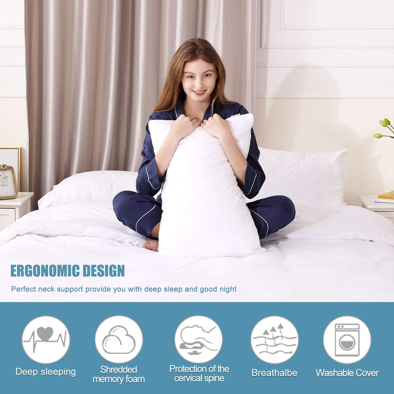 Dreaming Wapiti Pillows for Sleeping, 2 Pack Shredded Memory Foam with Machine Washable Bamboo Cover, Adjustable Loft-Stomach Side Back Sleeper (Queen), (2-Pack), White: Home & Kitchen