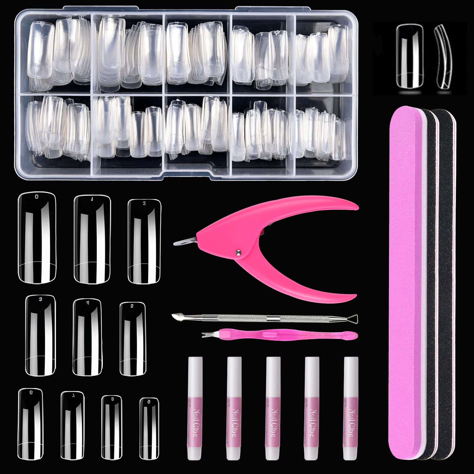 False Nails, MORGLES 500pcs Acrylic Square Clear Fake Nails with Glue, Clippers, Cuticle Pusher and Fork,10 Sizes(0-9) in Box