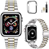 MioHHR Solid Stainless Steel Bands Compatible with Apple Watch 38mm 40mm 41mm, Metal Strap with Soft TPU Case for iWatch Bands Series 9 8 7 6 5 4 3 2 1 SE SE2 SE3 Women and Men, Silver/Gold