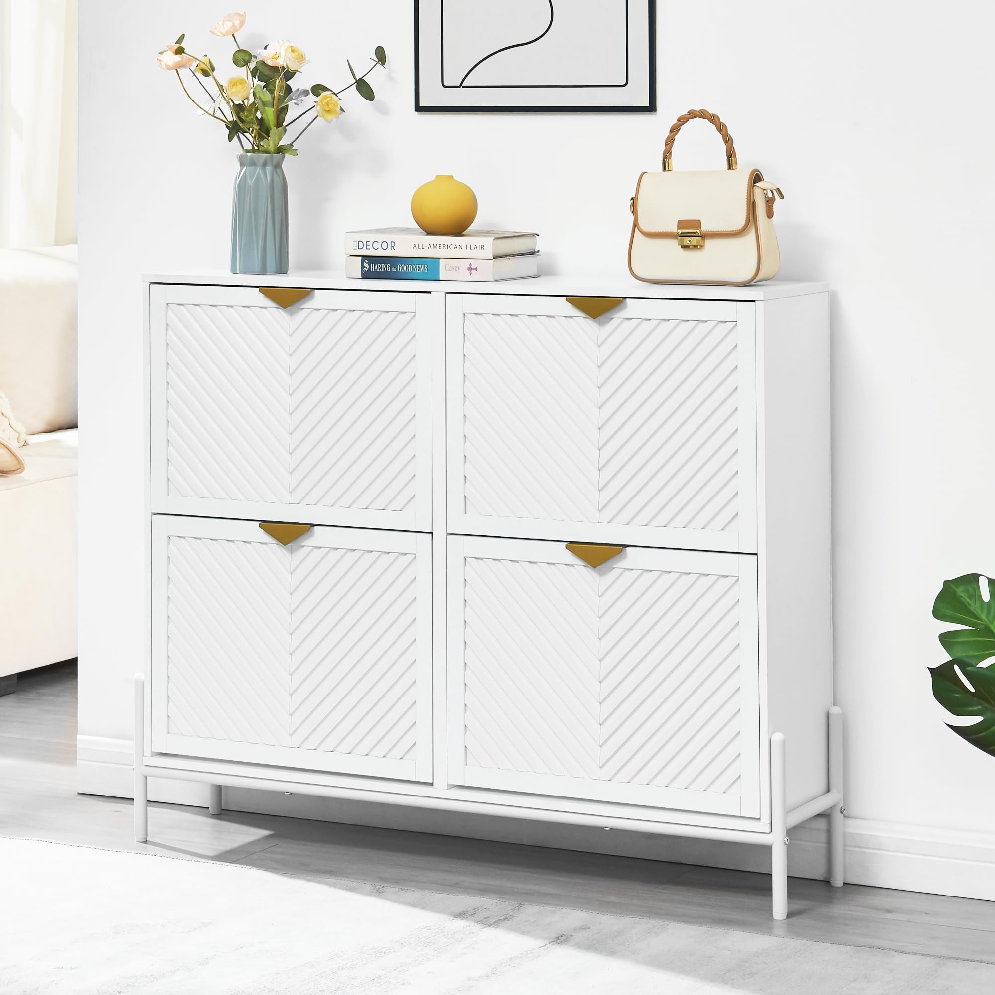 Photo 1 of HUSHEDIFY Shoe Cabinet Storage with 4 Flip Drawers, Narrow Hidden Shoes Organizer Cabinet for Entryway, Freestanding Slim Shoe Rack Front Door Entrance(White)