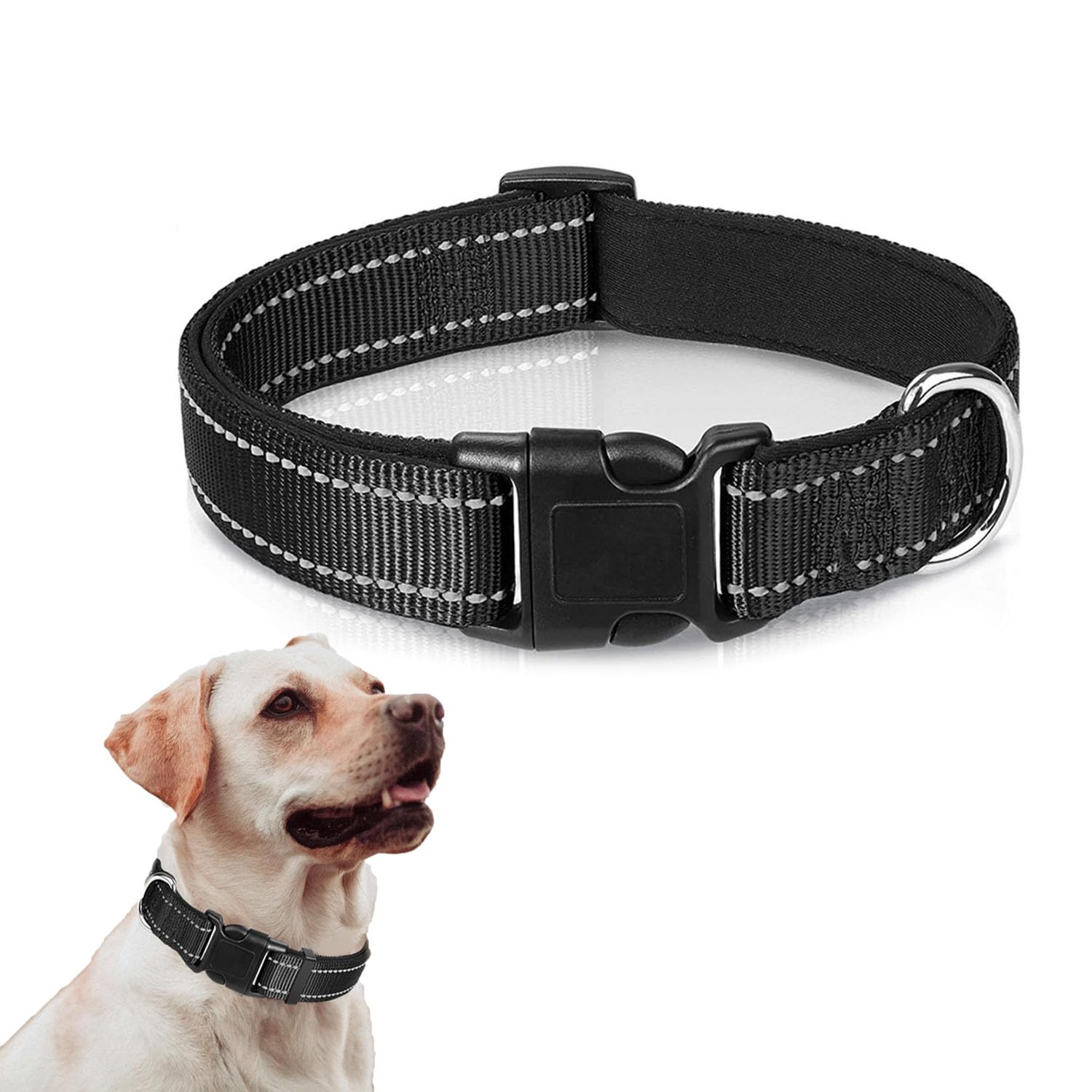 Dog Collar, Reflective Nylon Dog Collar with Safety Buckle, Black Soft Neoprene Padded Breathable Adjustable Classic with Quick Release Buckle for Dogs - L (40-60cm)