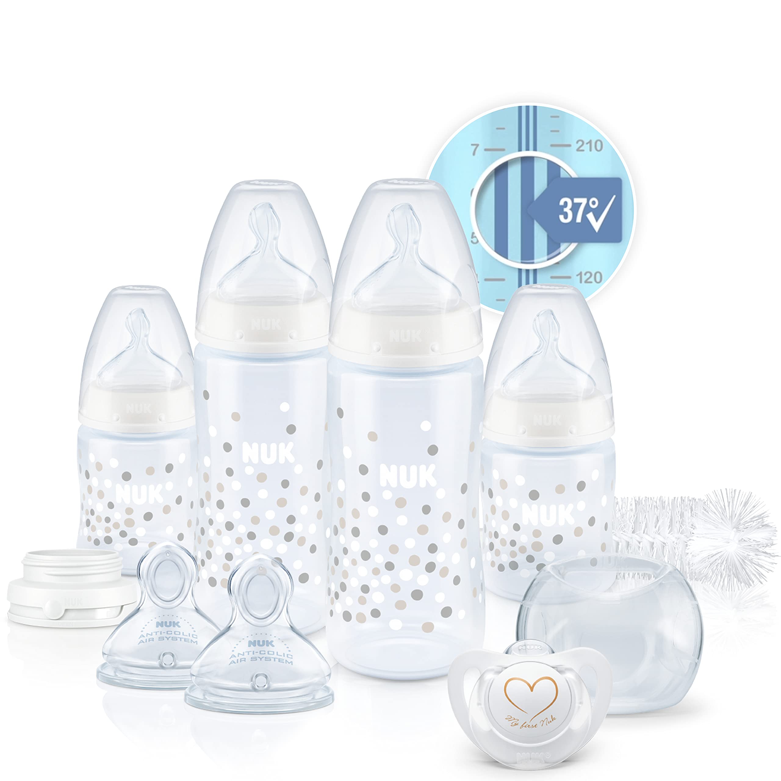 NUK Perfect Start First Choice+ Baby Bottles Set, 0-18 Months, 4 Temperature Control Bottles, Dummy, Bottle Brush & More, BPA-Free, 10 Count, White