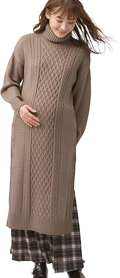 Amazon Co Jp Angeliebe エンジェリーベ マタニティ 授乳服 ケーブルニット ワンピース アンチピリング加工 タートルネック 長袖 フリー ベージュ 服 ファッション小物
