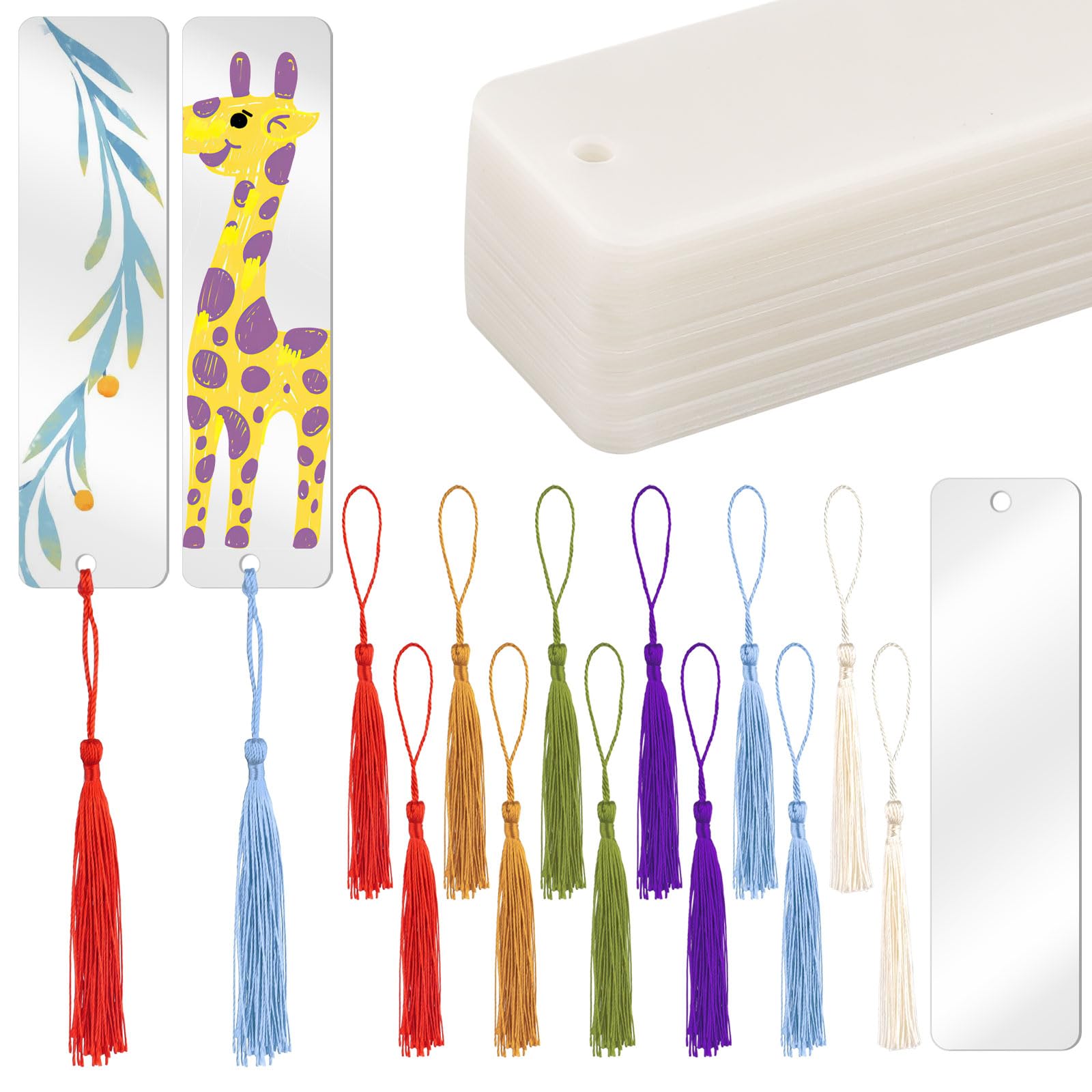 Acrylic Blank Bookmarks, 30pcs Clear Bookmark with 30Pcs Tassels, Unfinished Craft Bookmark Set for Projects Decoration and Present Tags, Rectangle