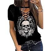 Cute Criss-Cross Hollow Out T-Shirt Women Funny Floral Graphic Print Shirt Casual Short Sleeve Vacation Tops