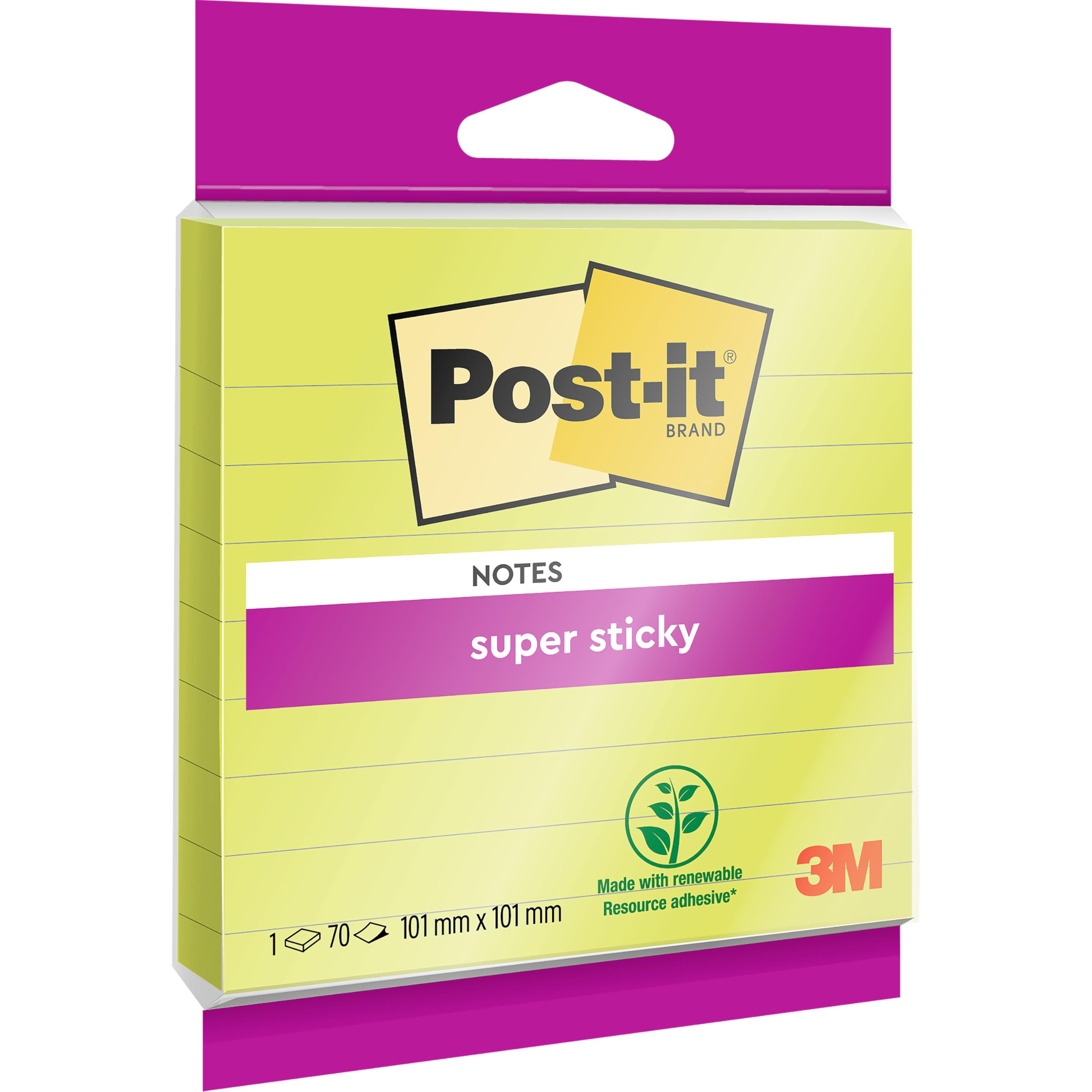 Post-it Super Sticky Large Notes, Lined, 70 Sheets, 1 Pad, 101 mm x 101 mm - Holds Strong to Many Surfaces - for Walls, Monitors and Fridge, Recycable
