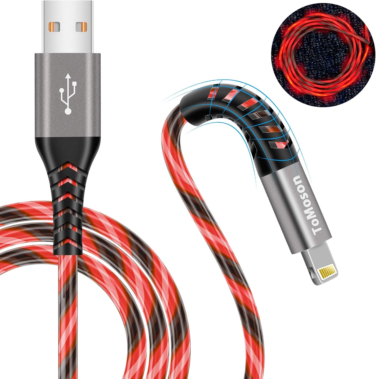 6 Foot iPhone Charger Tomoson MFi Certified Long iPhone Charger Cord LED USB to Lightning Cable Light Up iPad Charger Cord Fast Charging for iPhone 12 11 Pro Max 10 XR XS Max 8 7 SE 2020 iPad (Red)