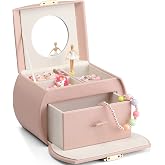 VLANDO 2 Layer Girls Musical Jewelry Box with Ballerina and Large Drawers | Rotating Dancer Plays Canon Melody, Top Dividers Store Rings and Small Treasures, Half-Moon Design, Birthday Christmas Gift