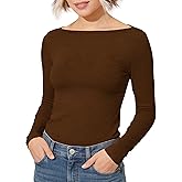 YumiDay Womens Boat Neck Tops Long Sleeve, Fitted Tshirt Triblend Tee Shirt Basic Lightweight Ribbed