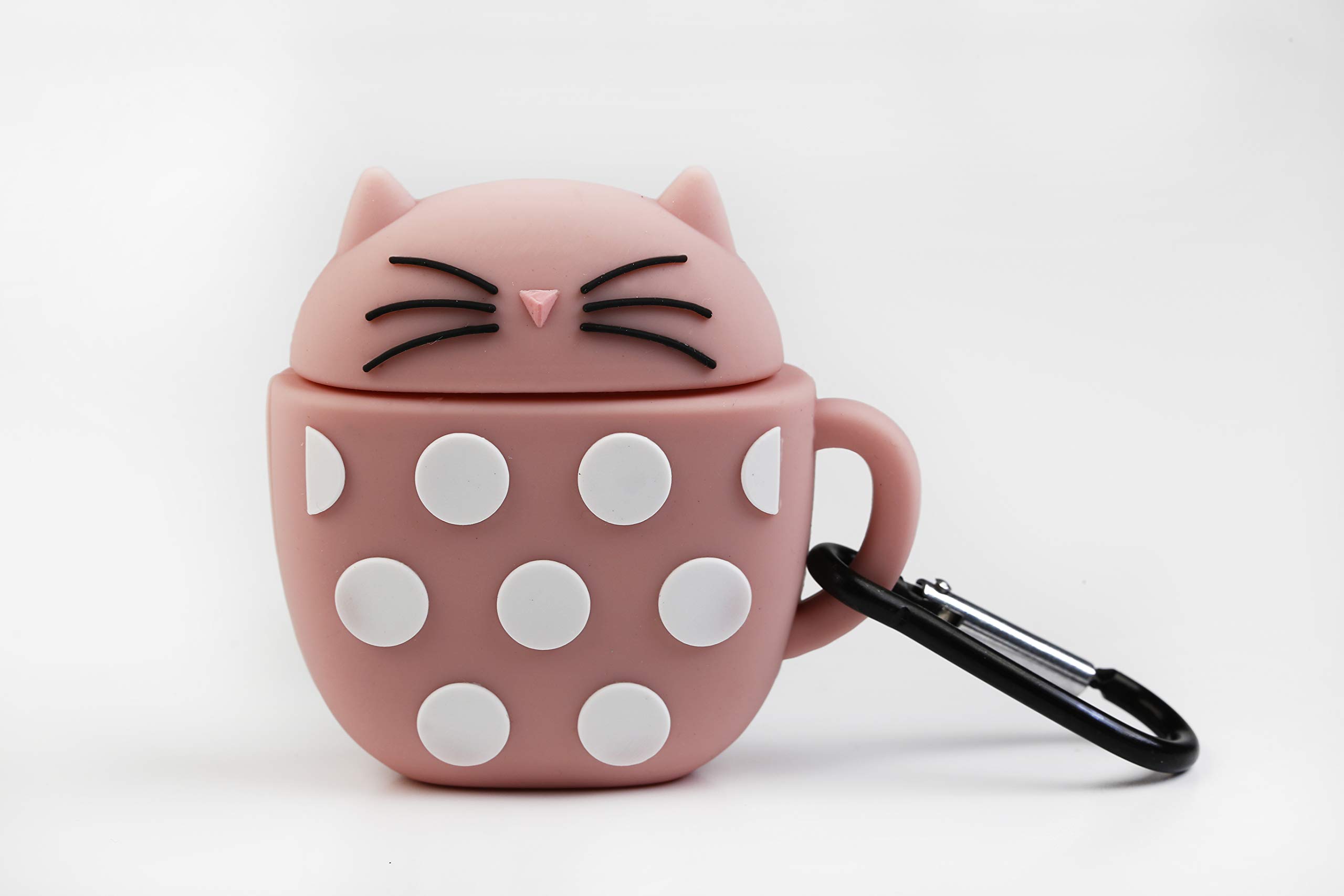 Funny Earbuds Cases - Pink Cat White Polka Dots Silicone Protective Case Cover for Wireless Earbuds with Anti-lost Carabiner