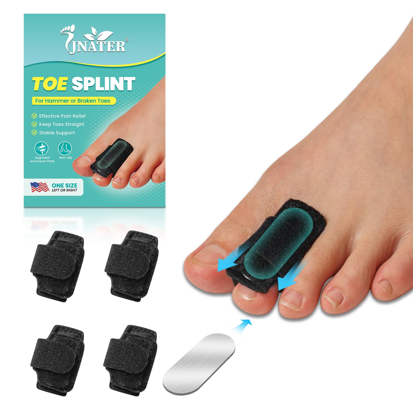 Photo 1 of JNATER Hammer Toe Corrector for Women & Men - 4 Pcs Adjustable Hammer Toe Straightener, Toe Splints Wraps with Aluminum Plate Support for Crooked, Curled, Broken Toes (Black)
