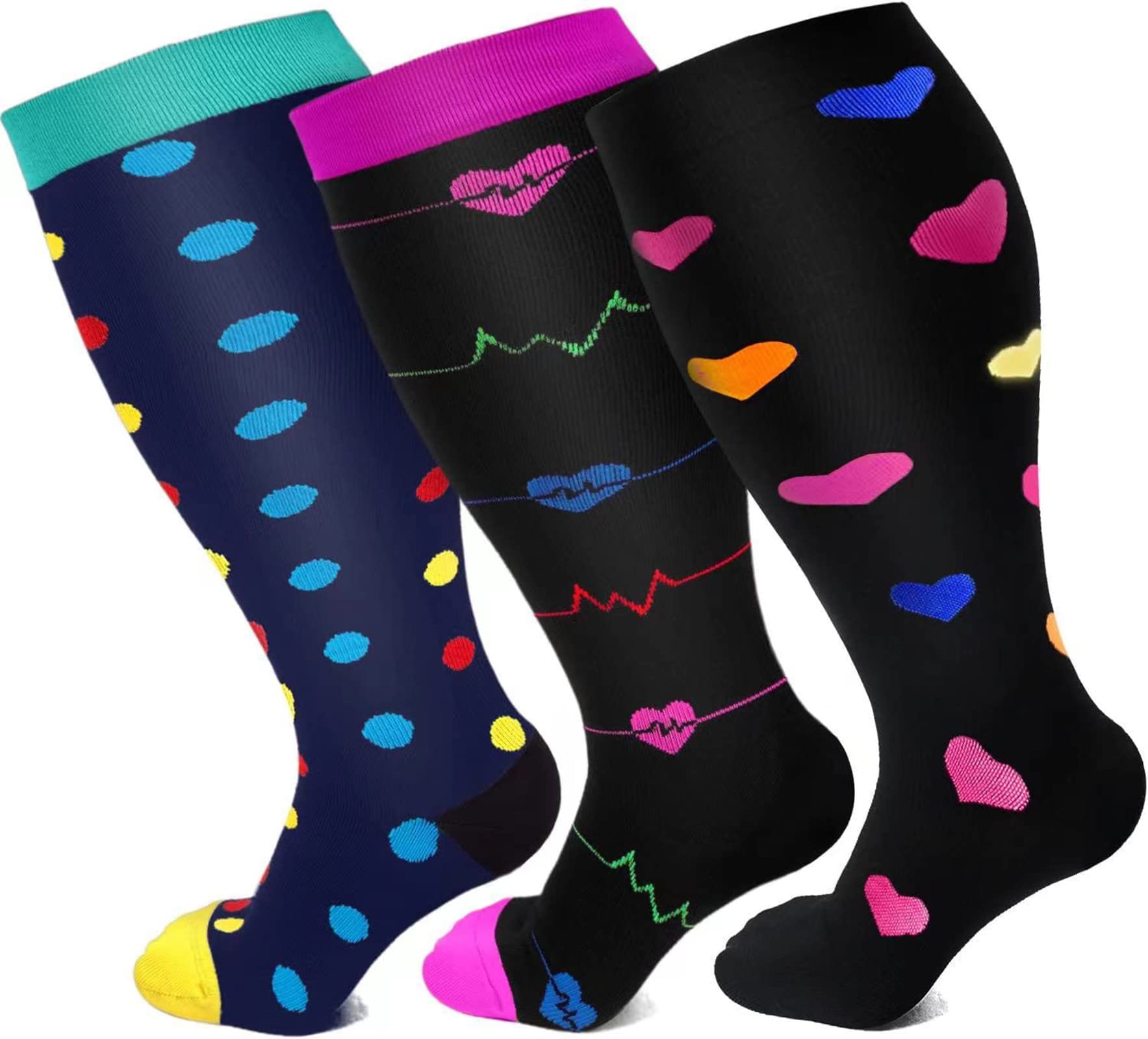 Cheeroyal 3 Pack Plus Size Compression Socks for Women and Men, 20-30mmhg Extra Large Wide Calf Knee High Stockings for Circulation Support (7XL, set2)