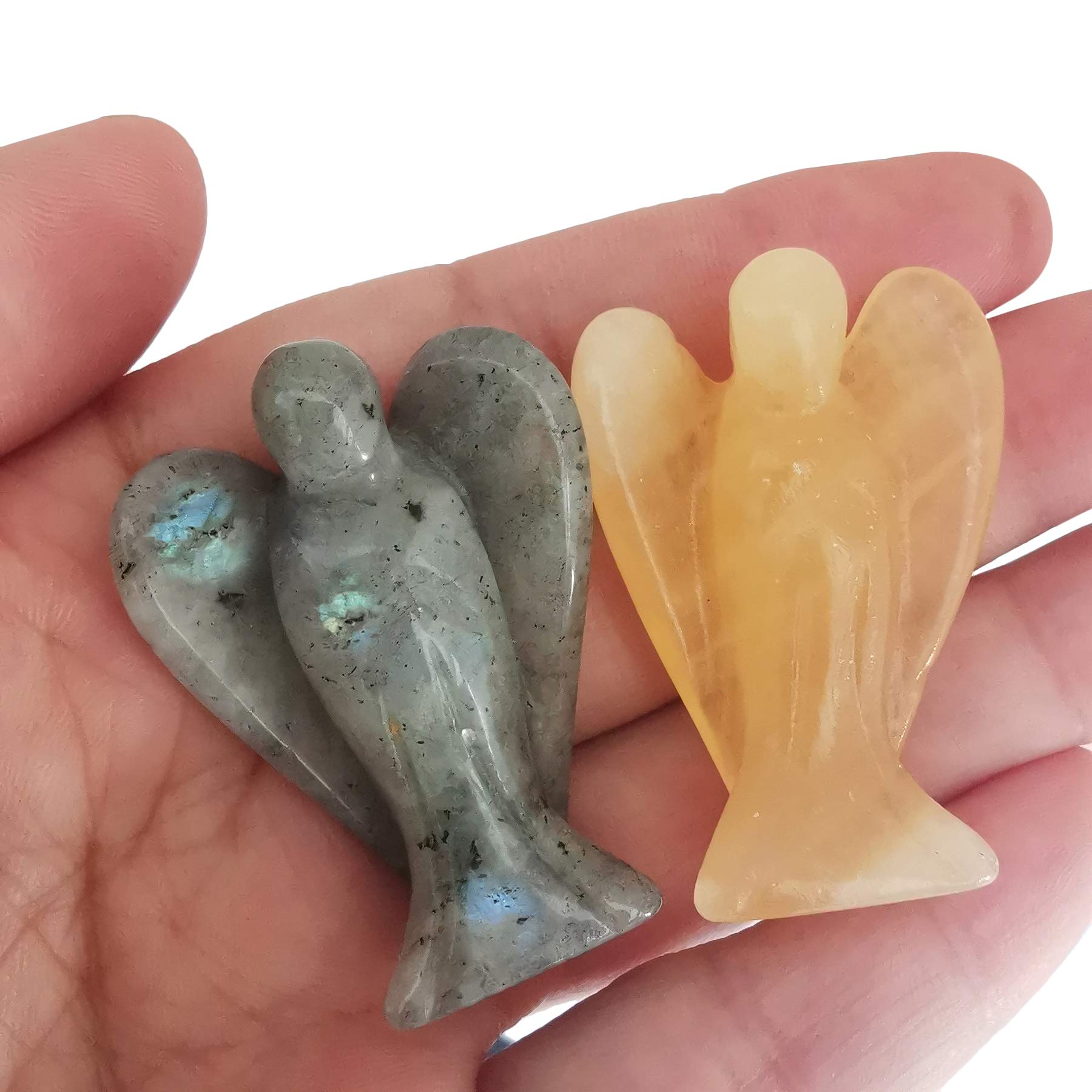 Lovionus89 Mini Crystal Angel, 2 Pcs Pocket Carved Gemstone Guardian Figurines Healing Statue Home Decor 1.5 inch, Yellow Agate + Moonstones