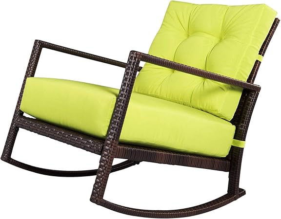 Amazon Com Suncrown Outdoor Furniture Patio Rocking Chair All Weather Wicker Seat With Thick Washable Lime Green Cushions Smooth Gliding Rocker With Improved Stability Garden Outdoor