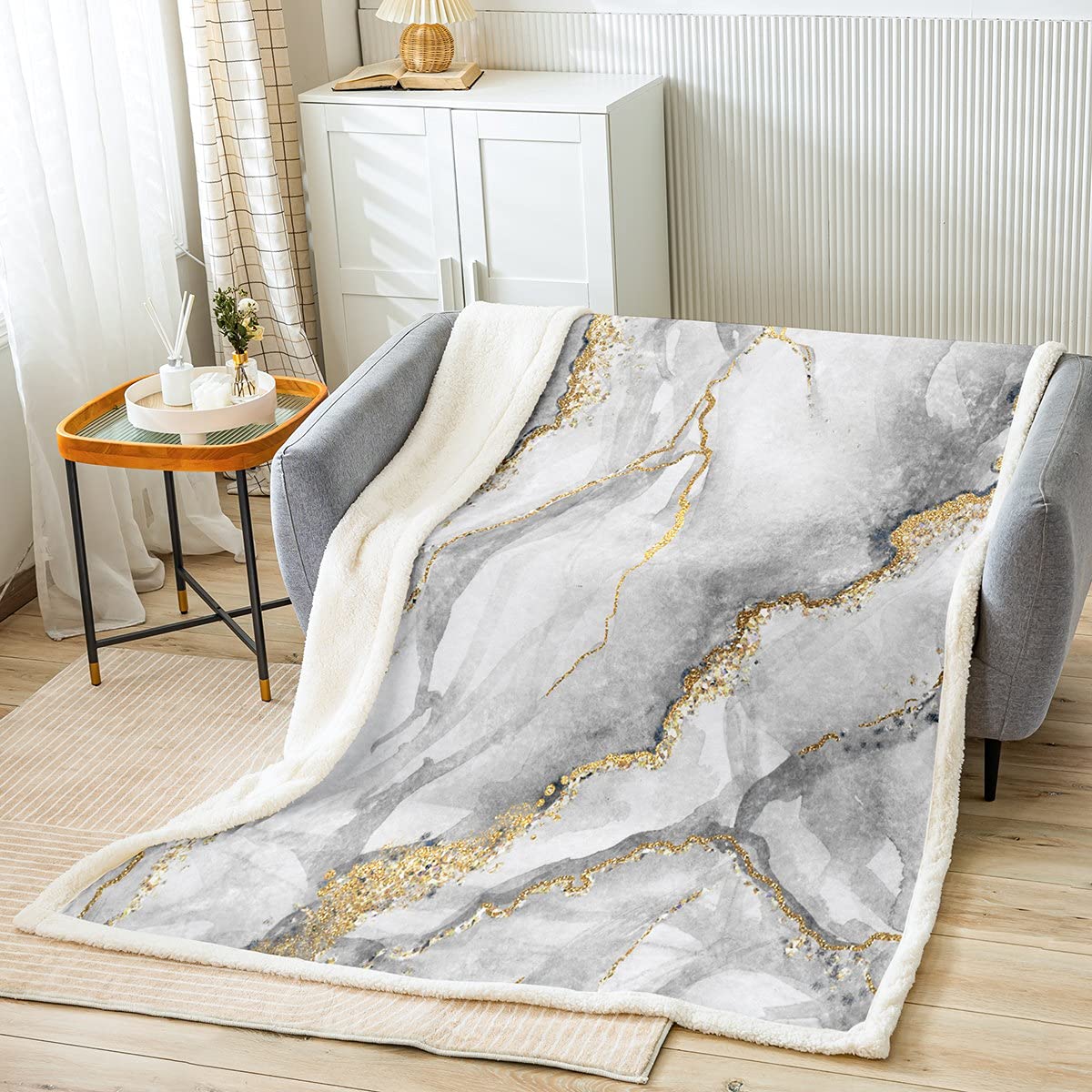 feelingyou Grey Marble Throw Blanket White Grey Gold Glitter Fleece Blanket Abstract Stone Texture Bed Blanket for Kids Boys Teens Room Decor, Marbling Flannel Blanket, Throw Size (50 x 60 Inches)
